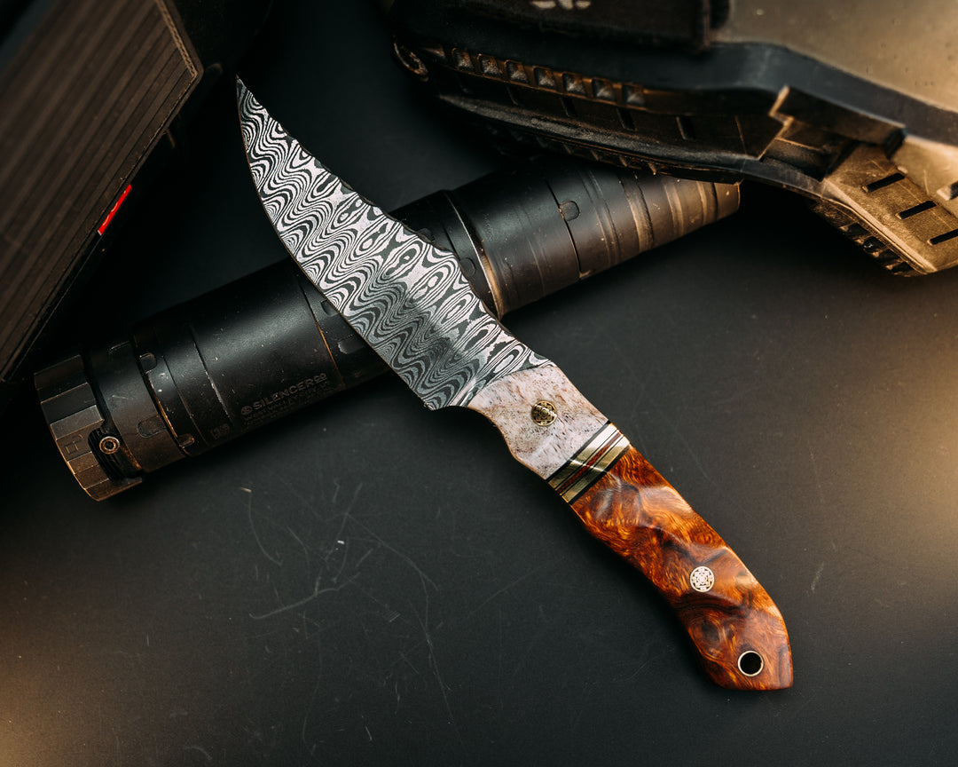 Red Cloud- Baker Forge Ladder Pattern Damascus- Black G10, Brass and Natural Micarta Split, Desert Ironwood, Mosaic Pins, Brass Lanyard Pin, Textured Grip