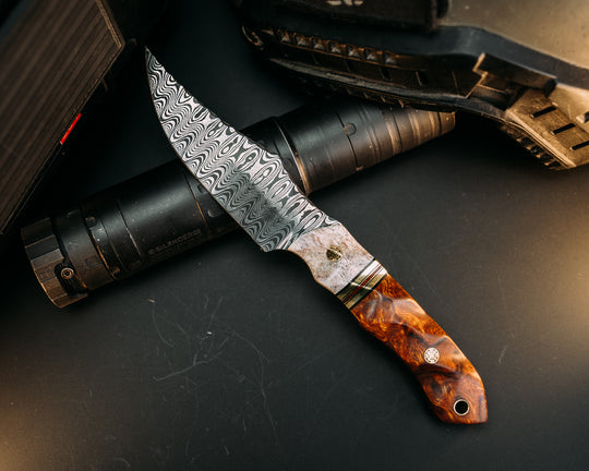 Red Cloud- Baker Forge Ladder Pattern Damascus- Black G10, Brass and Natural Micarta Split, Desert Ironwood, Mosaic Pins, Brass Lanyard Pin, Textured Grip