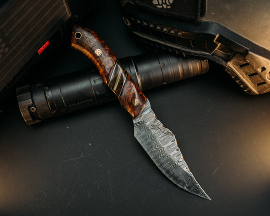 Red Cloud- Baker Forge Ladder Pattern Damascus- Redwood, Black G10 and Brass Pin Striping, Gold Dark Matter Carbon Split, Mosaic Pins, Brass Lanyard Pin, Grooved Grip