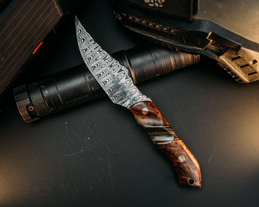 Red Cloud- Baker Forge Ladder Pattern Damascus- Redwood, Black G10 and Brass Pin Striping, Gold Dark Matter Carbon Split, Mosaic Pins, Brass Lanyard Pin, Grooved Grip