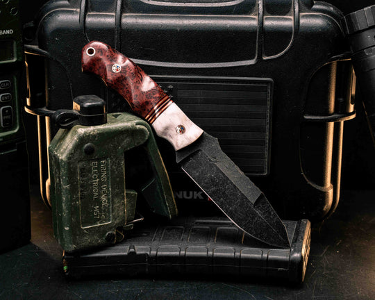 Disaster Jr Gen 3- Elk antler, Black G10, Cherry G10, Brass and Copper Split, Dyed Black Ash, Copper Patriot Mosaic Pins, Copper Lanyard Pin, Textured Grip