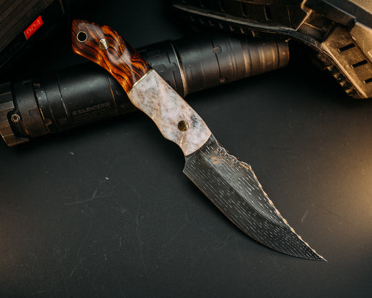 Red Cloud- Vegas Forge Dot Matrix Damascus- Brass Split, Desert Ironwood, Mosaic Pins, Brass Lanyard Pin, Textured Grip