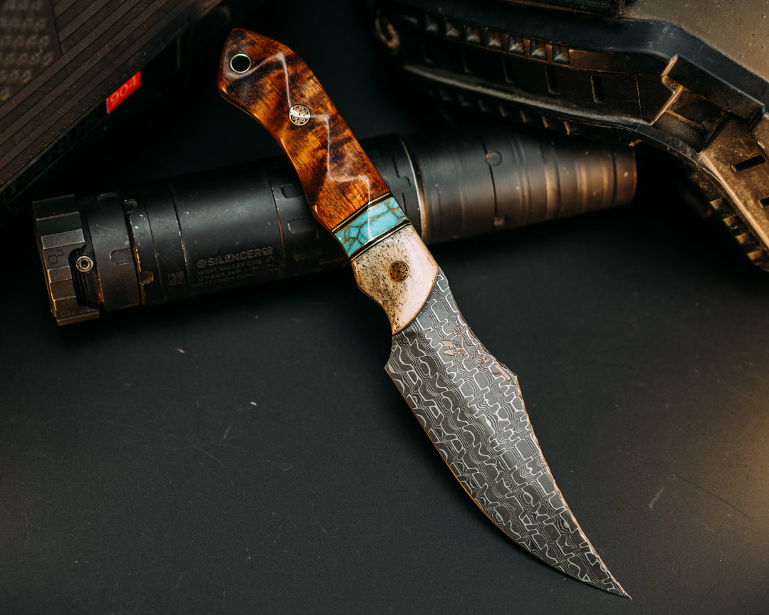 Red Cloud- Vegas Forge Reptilian Damascus- Brass and Black G10 Pin Striping, Turquoise with Gold Web Tru-stone Split, Hawaiian Curly Koa, Mosaic Pins, Brass Lanyard Pin, Textured Grip
