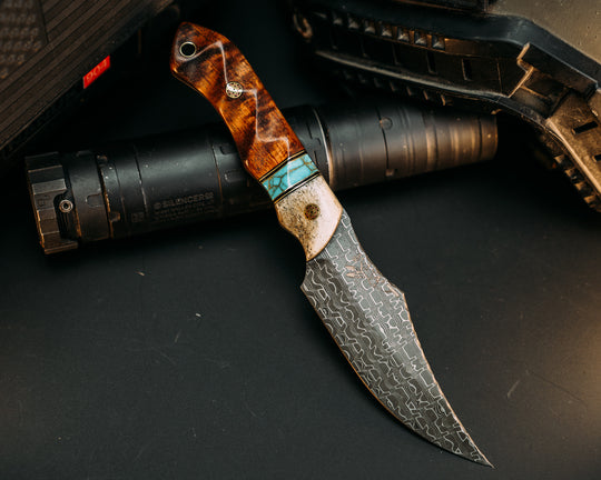 Red Cloud- Vegas Forge Reptilian Damascus- Brass and Black G10 Pin Striping, Turquoise with Gold Web Tru-stone Split, Hawaiian Curly Koa, Mosaic Pins, Brass Lanyard Pin, Textured Grip