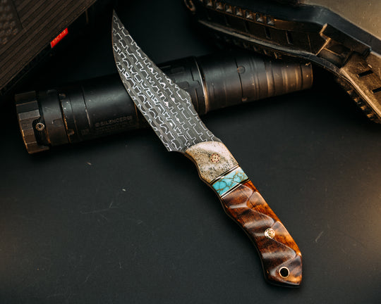 Red Cloud- Vegas Forge Reptilian Damascus- Brass and Black G10 Pin Striping, Turquoise with Gold Web Tru-stone Split, Hawaiian Curly Koa, Mosaic Pins, Brass Lanyard Pin, Textured Grip