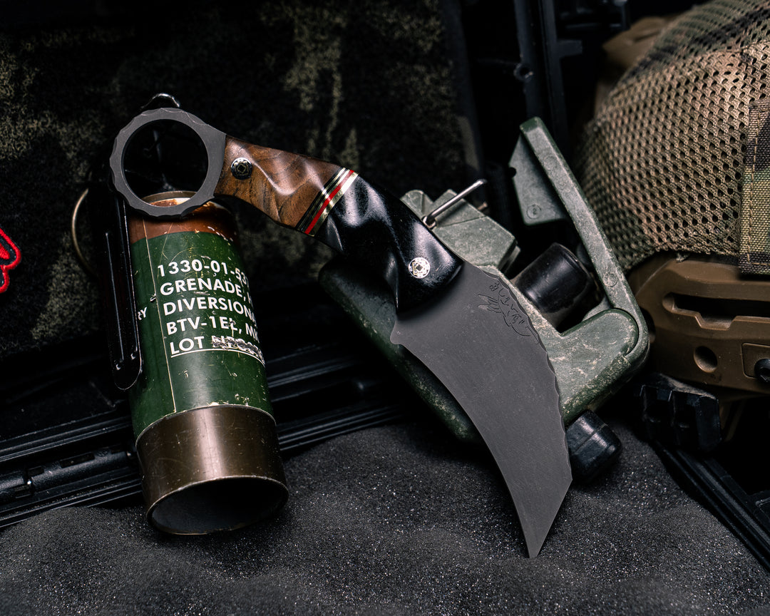 Karambito- Black Canvas Micarta, Brass, Cherry G10 and Black G10 Split, Hawaiian Curly Koa, Mosaic Pins, Textured Grip