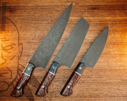 3-Piece Chef Set- Dyed Black Ash Burl, Black G10, Aluminum and OD Green G10 Split, Redwood Burl, Mosaic Pins, Smooth Grip