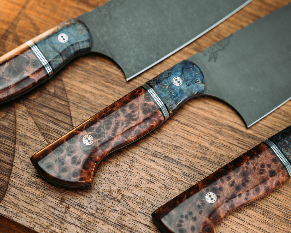 3-Piece Chef Set- Dyed Black Ash Burl, Black G10, Aluminum and OD Green G10 Split, Redwood Burl, Mosaic Pins, Smooth Grip