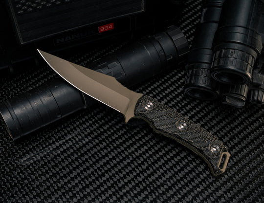 Tosahwi - Black Burlap Micarta, FDE Cerakote, Ti Allen Bolts, Iron Grip
