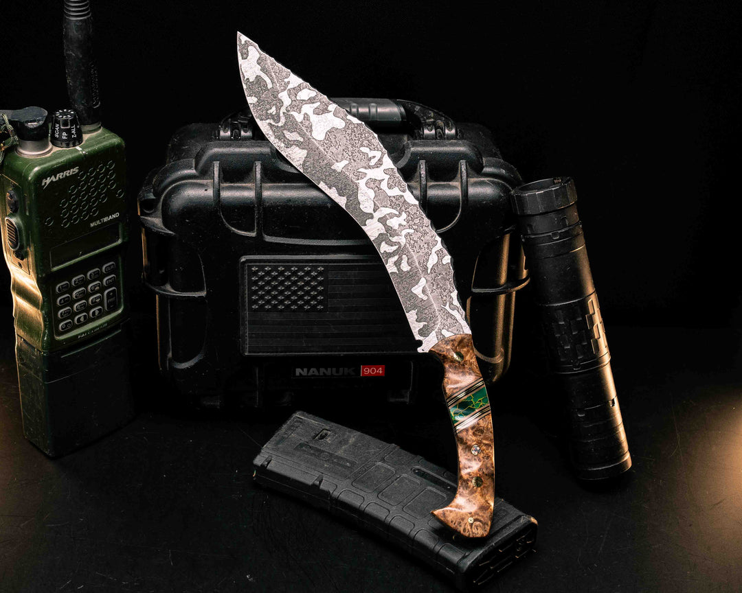 Kukri- Amboyna Burl, Black G10, Coyote G10 and Brass Pin Striping, Arizona Jade Tru-stone Split, Mosaic Pins, Textured Grip