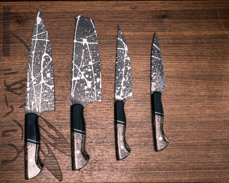 Chef Set- Black G10, Black G10 and Brass Split, Gold Dark Matter Carbon, CF Pin, Brass Pin, Smooth Grip