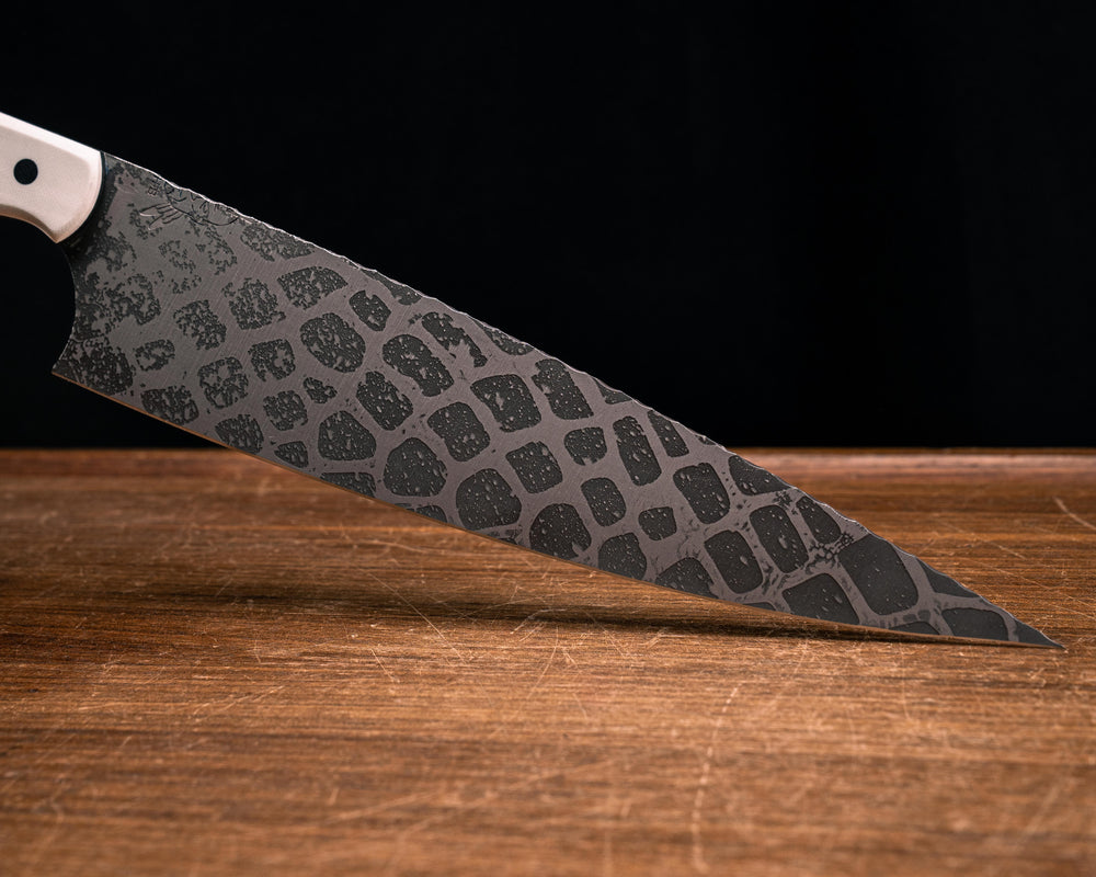 10" Chef Blade- White G10, Black Canvas Micaela, OD Green G10 and White G10 Split, Black Canvas Micaela, Black Micaela Pins, Smooth Grip