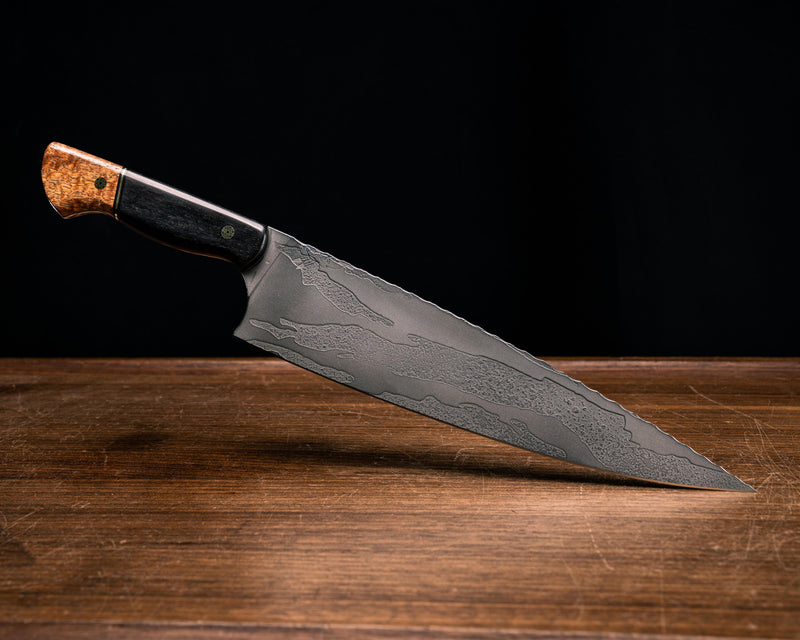 10" Chef Blade- African Blackwood, Black G10 and Brass Split, Afzelia Burl, Mosaic Pins, Smooth Grip