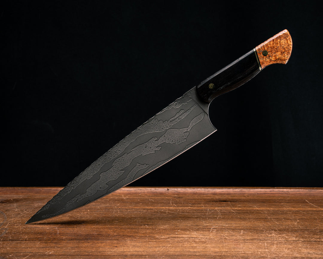 10" Chef Blade- African Blackwood, Black G10 and Brass Split, Afzelia Burl, Mosaic Pins, Smooth Grip