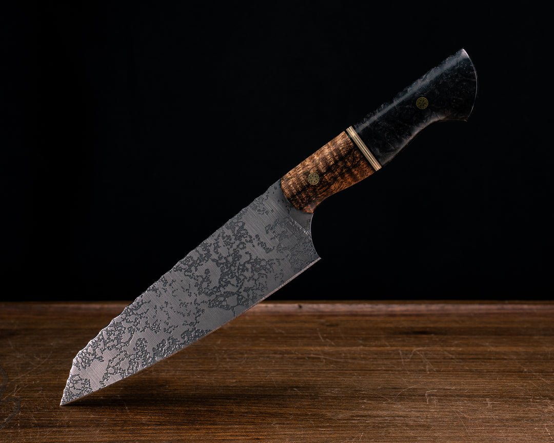 Santoku- Hawaiian Curly Koa, Black G10, Coyote G10, White G10 and Brass Split, Dyed Redwood, Mosaic Pins, Smooth Grip