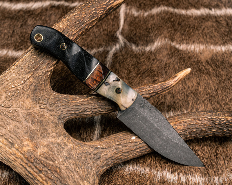 (DON'T POST) Crow Jr- Rams Horn, Black G10 and Brass Pin Striping, Hawaiian Curly Koa Split, Gaboon Ebony, Mosaic Pins, Brass Lanyard Pin, Textured Grip