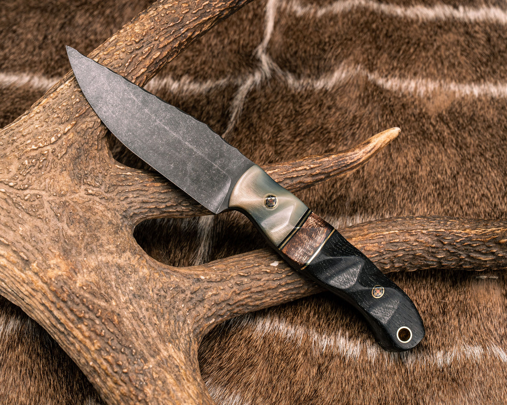 (DON'T POST) Crow Jr- Rams Horn, Black G10 and Brass Pin Striping, Hawaiian Curly Koa Split, Gaboon Ebony, Mosaic Pins, Brass Lanyard Pin, Textured Grip