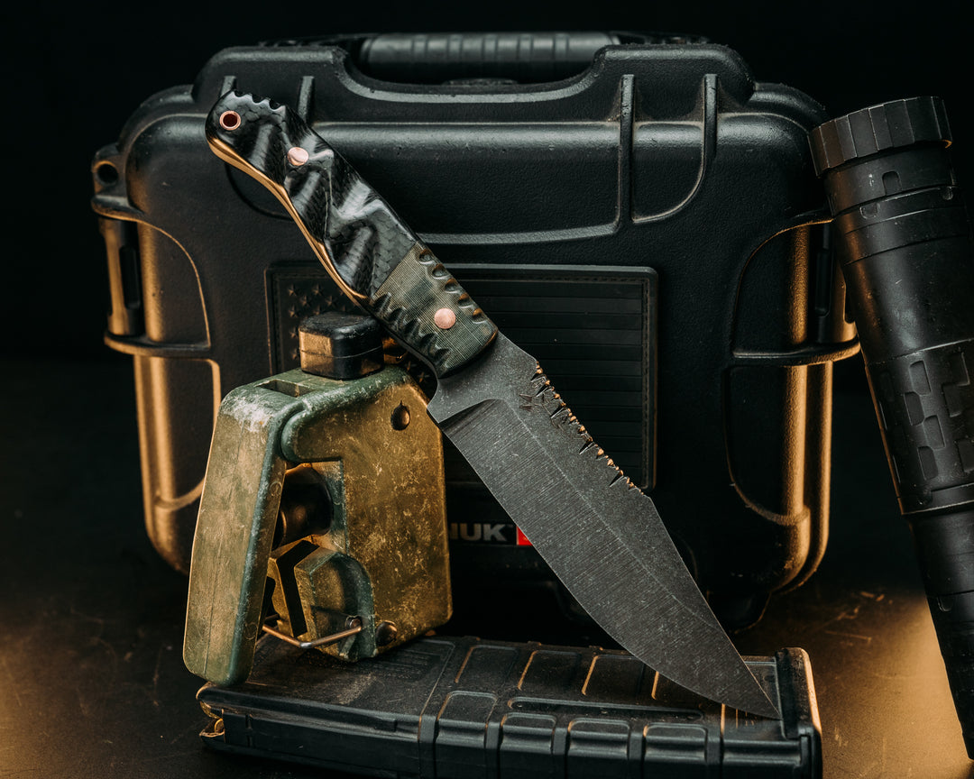 Crow Scout- Navy S.E.A.L AOR2 Cammie Micarta, Carbon Fiber, Copper Pins, Copper Lanyard Pin, Old School Rock Work, Textured Grip