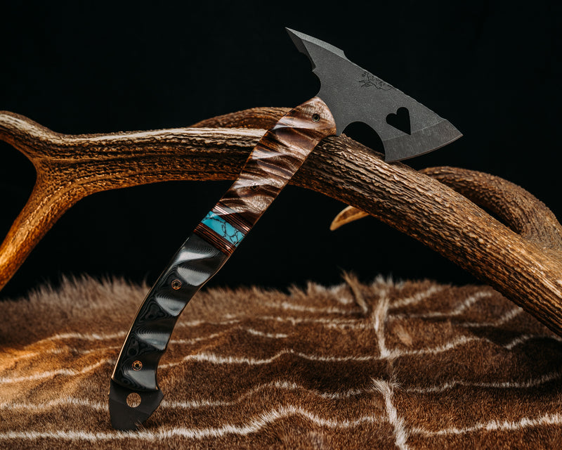 Bleeding Heart Hawk - Hawaiian Curly Kos, Black & Coyote G10 w/ Fire Canvas Micarta & Copper Pin Striping, Turquoise w/ Black Webbing Tru Stone Split, Black Dunes Carbon Fiber, Mosaic Pins, Heart Cut Out, Textured Grip.