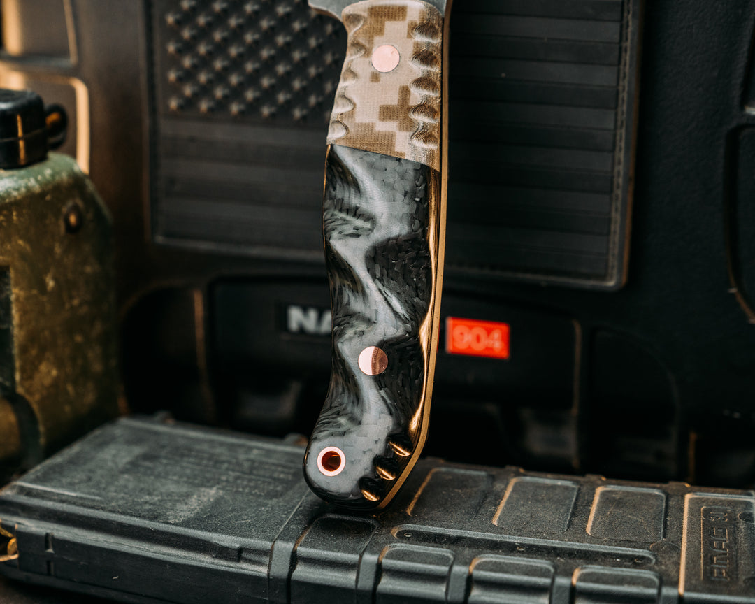 Crow Scout- Navy S.E.A.L AOR2 Cammie Micarta, Carbon Fiber, Copper Pins, Copper Lanyard Pin, Old School Rock Work, Textured Grip