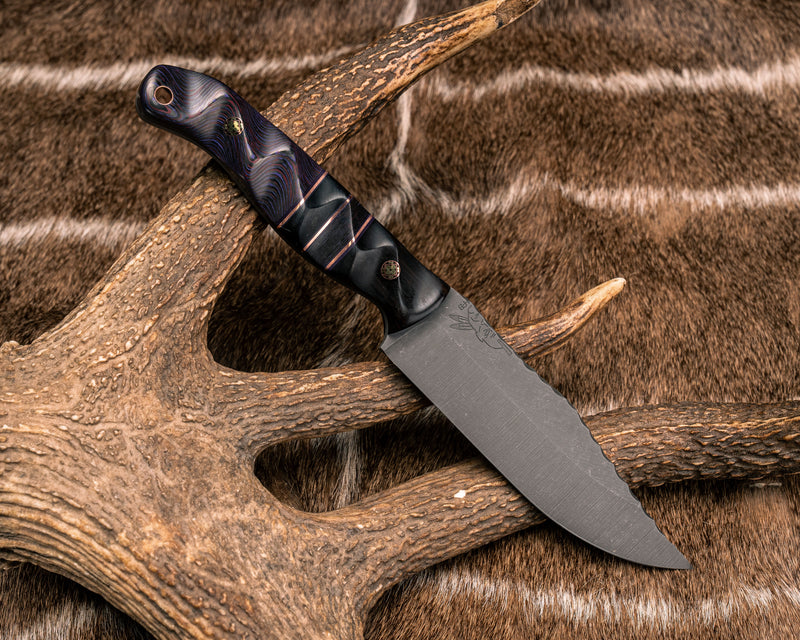 Crow Scout- African Blackwood, Purple G10 and Copper Pin Striping, Purple Camo Carbon and Gaboon Ebony Split, Purple Camo Carbon, Mosaic Pins, Copper Lanyard Pin, Textured Grip