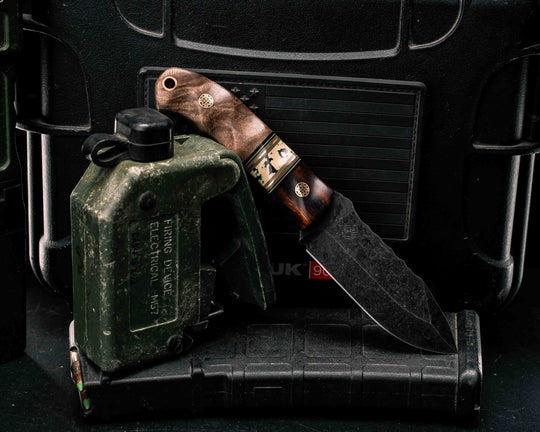 Disaster Cub- Desert Ironwood, Black G10, Desert Tan G10, OD Green G10 and Copper Pin Striping, Black Calceon Split, Maple Burl, Mosaic Pins, Copper Lanyard Pin, Textured Grip
