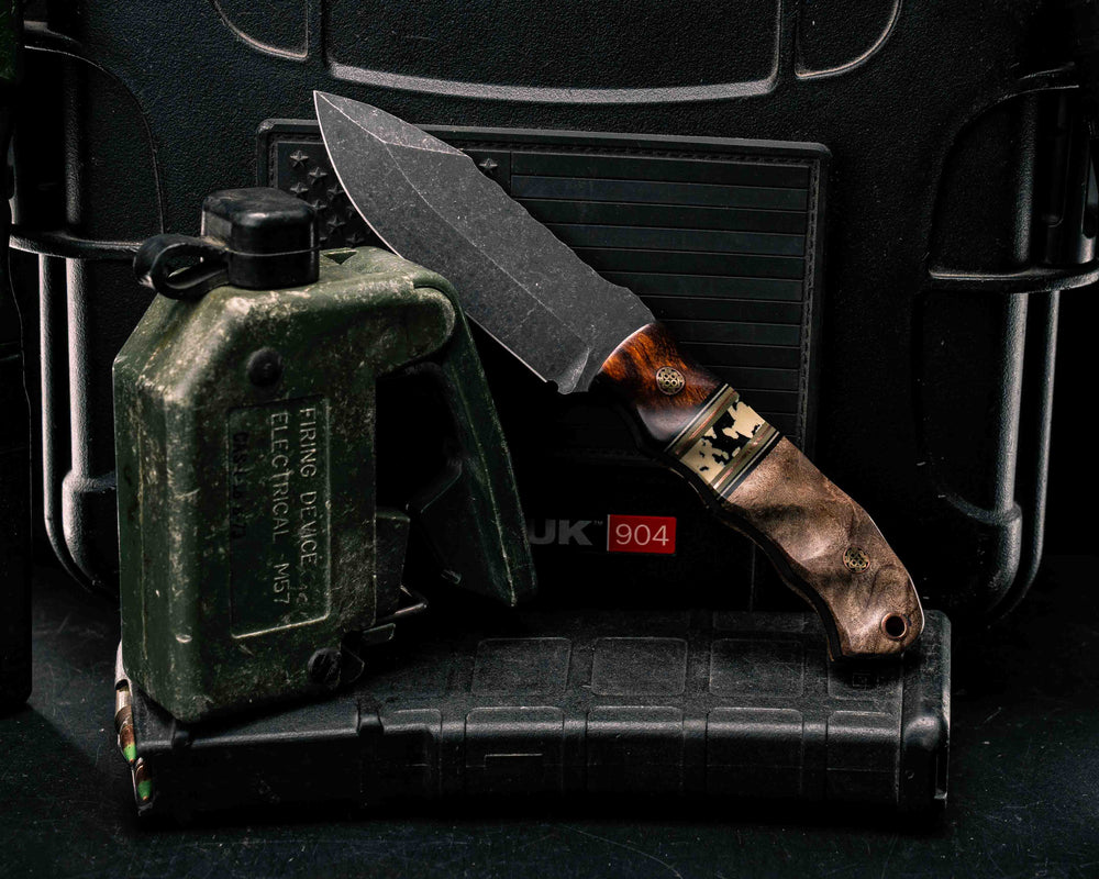 Disaster Cub- Desert Ironwood, Black G10, Desert Tan G10, OD Green G10 and Copper Pin Striping, Black Calceon Split, Maple Burl, Mosaic Pins, Copper Lanyard Pin, Textured Grip