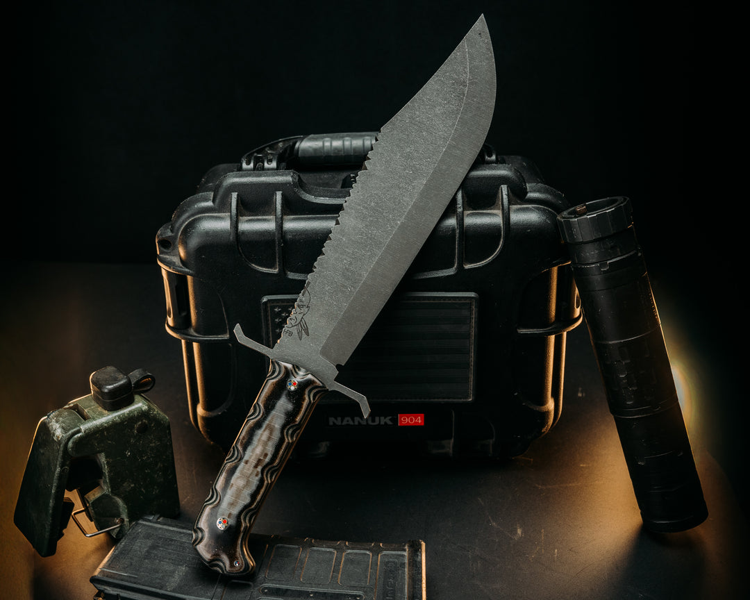 Raider Bowie- Layered Navy S.E.A.L AOR1 Cammie Micarta and WWII Retired Uniform Canvas Micarta, Patriot Mosaic Pins, 1/8" Patriot Mosaic Pin, Old School Rock Work, Textured Grip