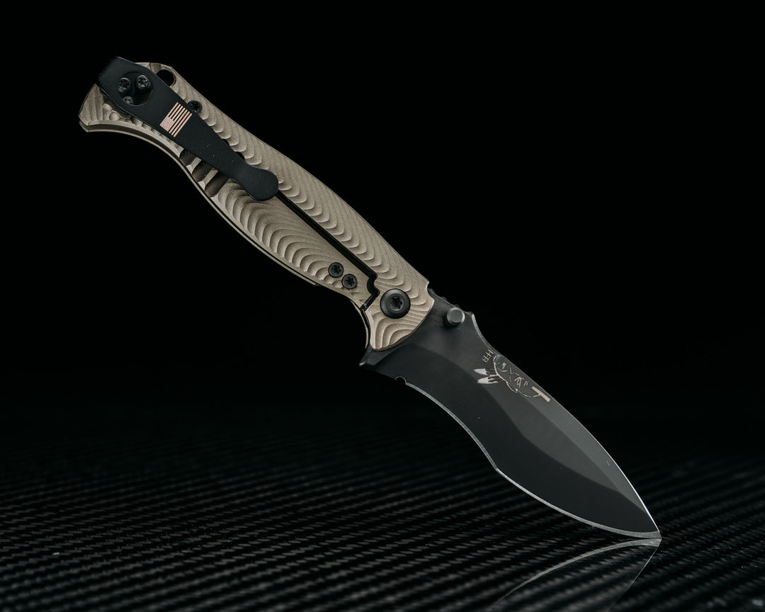 Extremis Folder - Blasted Bronze Anodized Titanium Ti Scales, PVD Coated Blade, Deep Carry Pocket Clip
