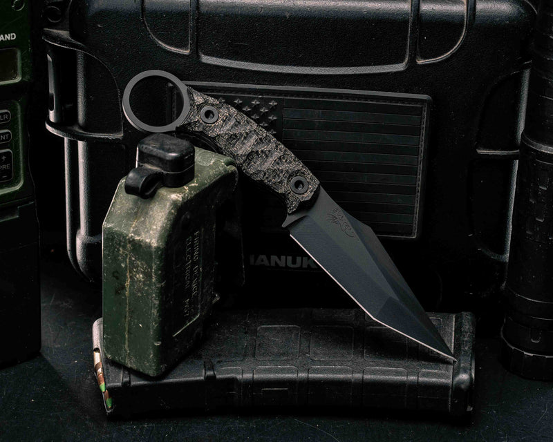 Ringed Tac Tanto- Black Burlap Micarta, Armor Black Cerakote,  Allen Bolts, Textured Grip