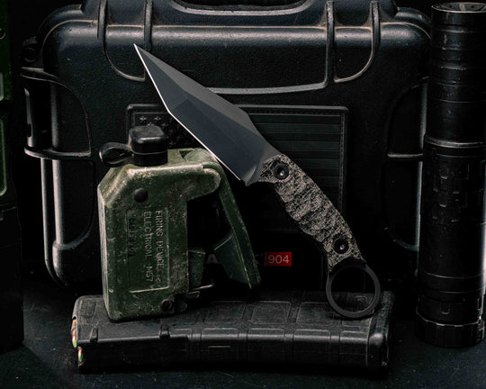 Ringed Tac Tanto- Black Burlap Micarta, Armor Black Cerakote,  Allen Bolts, Textured Grip