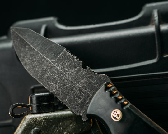 Notched Compound Grind Breacher Jr- Vietnam Tiger Stripe Cammie Micarta, Brass Mosaic Pins, 3/8" Hollow Mosaic Pin, Old School Rock Work, Textured Grip