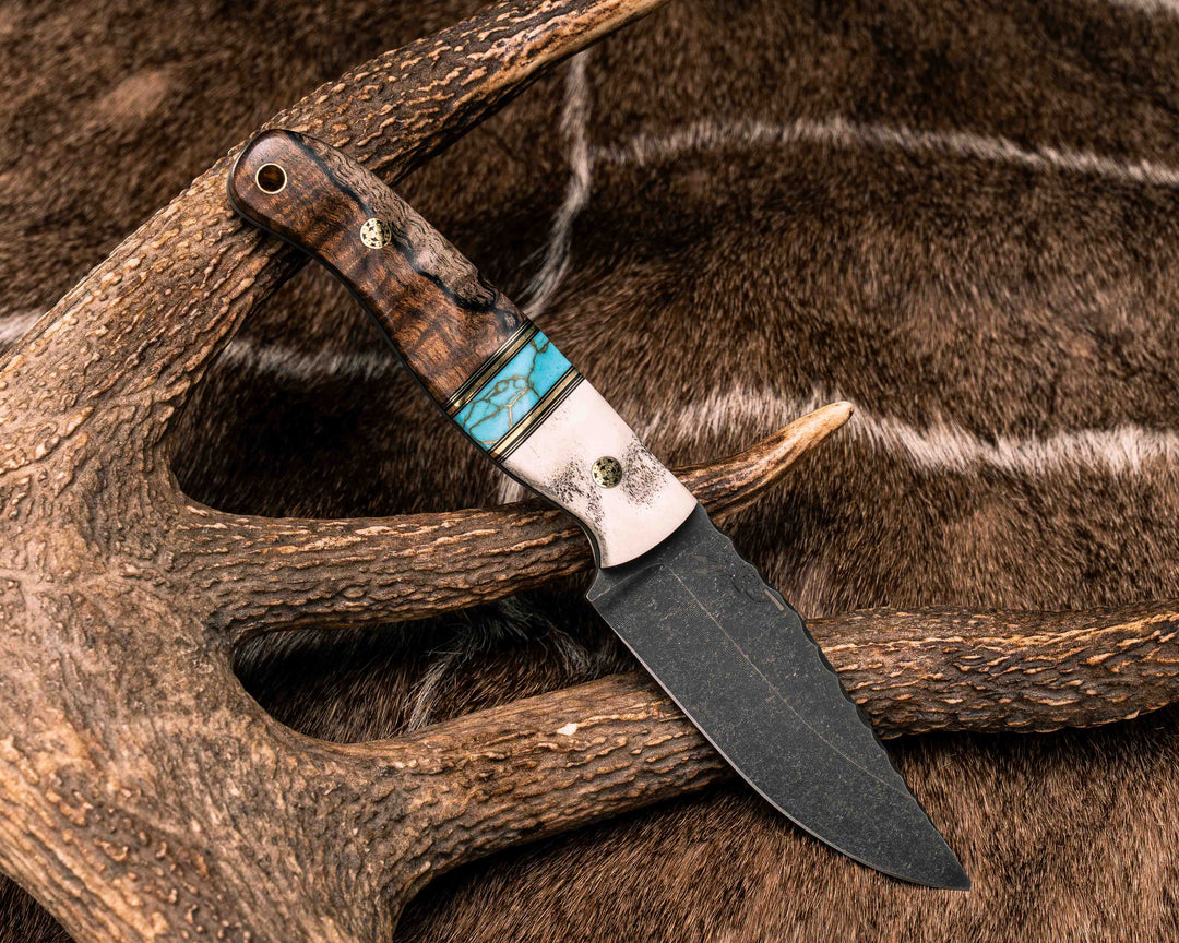 Crow Jr - Elk Antler, Black G10 and Brass Pin Striping, Turquoise with Gold Web Tru-stone Split, Hawaiian Curly Koa, Brass Mosaic Pins, Brass Lanyard Pin, Textured Grip