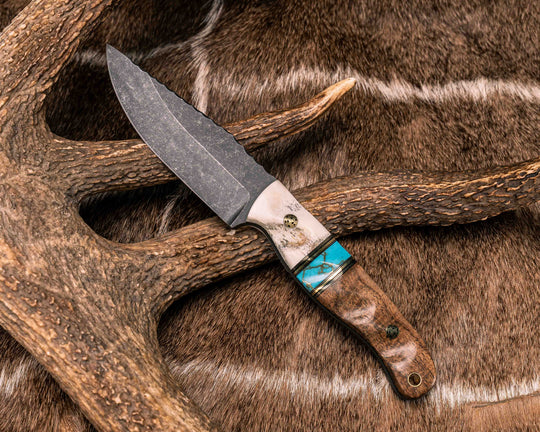 Crow Jr - Elk Antler, Black G10 and Brass Pin Striping, Turquoise with Gold Web Tru-stone Split, Hawaiian Curly Koa, Brass Mosaic Pins, Brass Lanyard Pin, Textured Grip