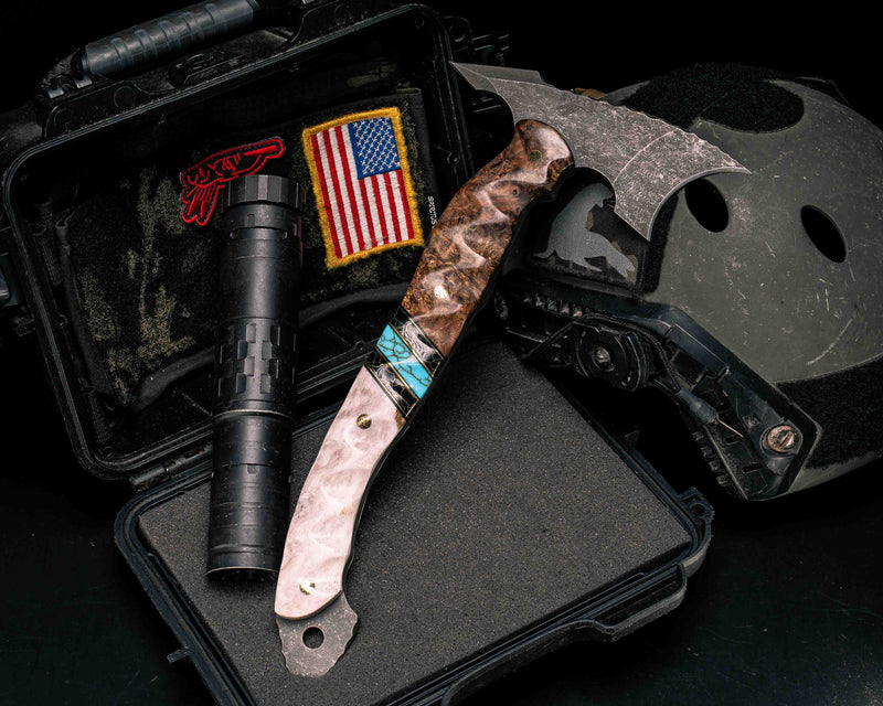 Crescent Hawk- Chechen Caribbean Rosewood, Black G10 and Brass Pin Striping, Black with Gold Web Tru-stone and Turquoise with Gold Web Tru-stone Split, Elk Antler, Mosaic Pins, Textured Grip
