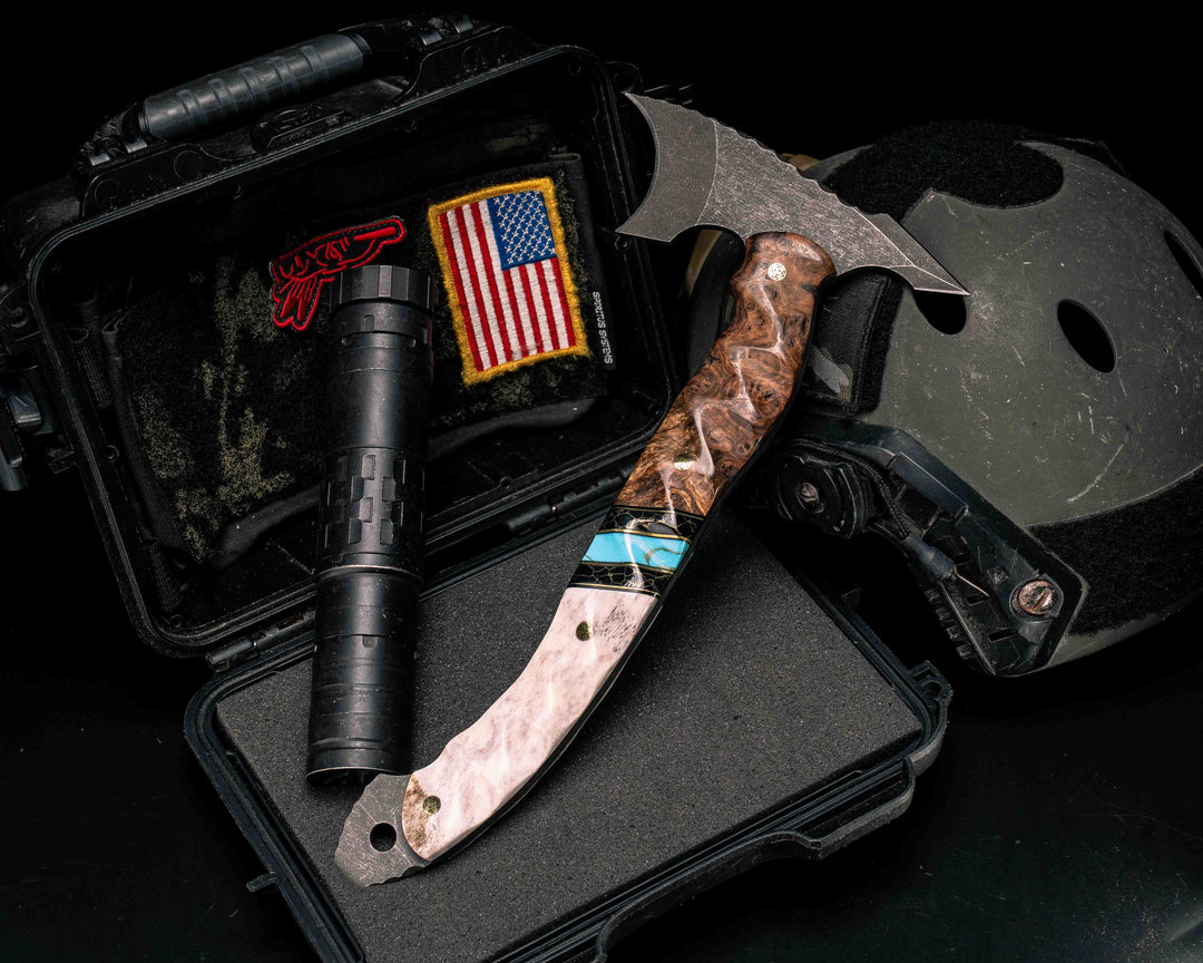 Crescent Hawk- Chechen Caribbean Rosewood, Black G10 and Brass Pin Striping, Black with Gold Web Tru-stone and Turquoise with Gold Web Tru-stone Split, Elk Antler, Mosaic Pins, Textured Grip