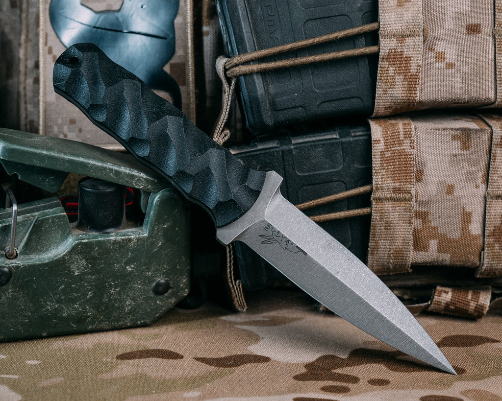 Combat Dagger- Black Canvas Micarta, CF Pins, CF Lanyard Pin, Chaos Grip
