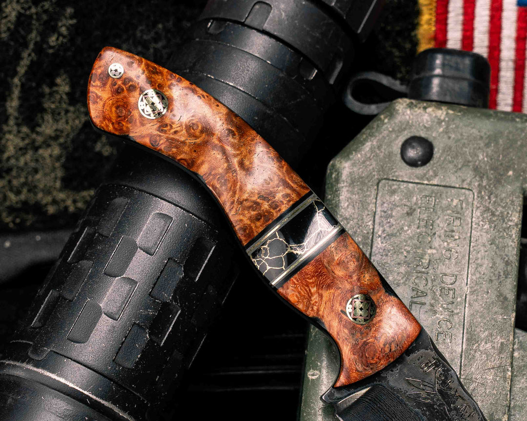 Widow Maker Jr- Baker Forge Random Pattern Damascus- Amboyna Burl, Black G10, OD Green G10 and Brass Pin Striping, Black with Gold Web Tru-stone Split, Mosaic Pins, Textured Grip