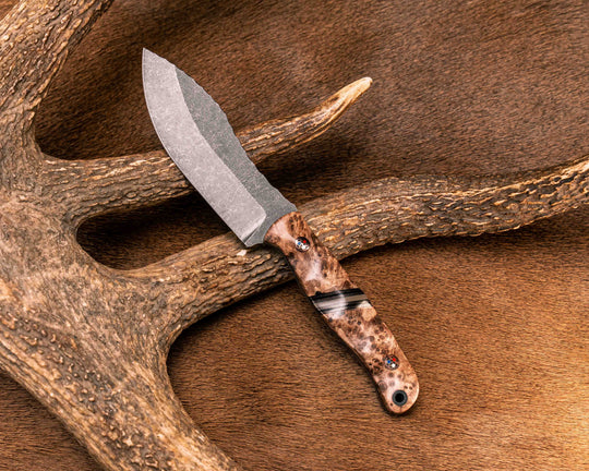 Skinner Jr- Redwood Burl, Black G10, Copper and Mojave Brown G10 Split, Copper Patriot Mosaic Pin, CF Lanyard Pin, Textured Grip