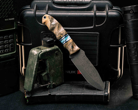 Disaster Jr- Buckeye Burl, Black G10, Charcoal G10, Blue G10 and Aluminum Pin Striping, Larimar Tru-stone Split, Mosaic Pins, Aluminum Lanyard Pin, Textured Grip