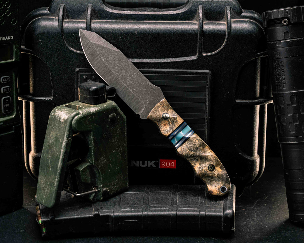 Disaster Jr- Buckeye Burl, Black G10, Charcoal G10, Blue G10 and Aluminum Pin Striping, Larimar Tru-stone Split, Mosaic Pins, Aluminum Lanyard Pin, Textured Grip