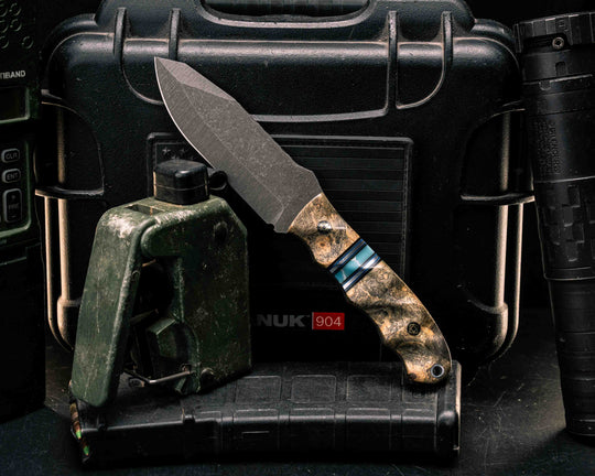 Disaster Jr- Buckeye Burl, Black G10, Charcoal G10, Blue G10 and Aluminum Pin Striping, Larimar Tru-stone Split, Mosaic Pins, Aluminum Lanyard Pin, Textured Grip