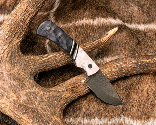 Beef Harpoon- Elk Antler, Black G10, White G10 and Grey G10 Pin Striping, Ultem Split, Dyed Maple, Mosaic Pins, Textured Grip