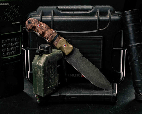 Notched Disaster Breacher- OD Green Canvas Micarta, Copper and OD Green G10 Pin Striping, Redwood and Black Canvas Micarta Split, Redwood, Copper Patriot Mosaic Pins, CF Lanyard Pin, Textured Grip
