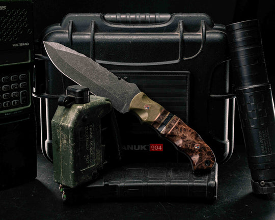 Notched Disaster Breacher- OD Green Canvas Micarta, Copper and OD Green G10 Pin Striping, Redwood and Black Canvas Micarta Split, Redwood, Copper Patriot Mosaic Pins, CF Lanyard Pin, Textured Grip