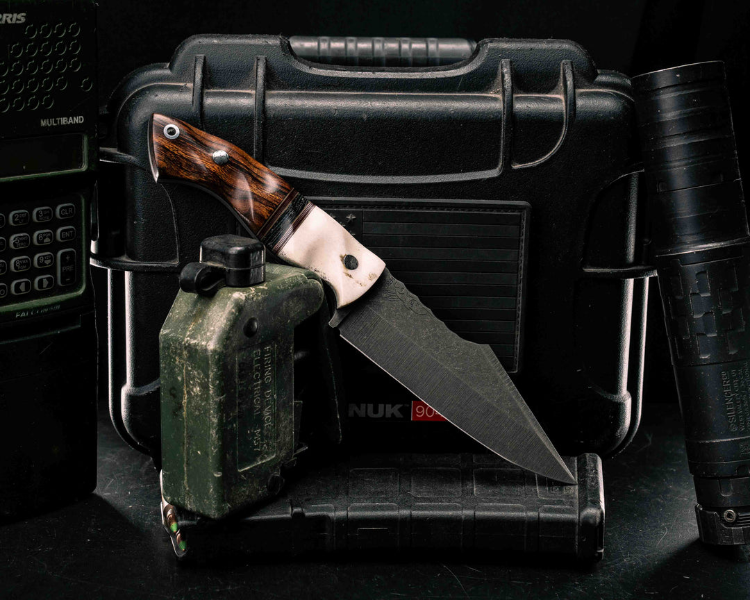 Widow Maker- Elk Antler, Coyote G10, Ruby G10 and Aluminum Pin Striping, American Flag Canvas Micarta Split, Desert Ironwood, Mosaic Pins, Aluminum Lanyard Pin, Textured Grip