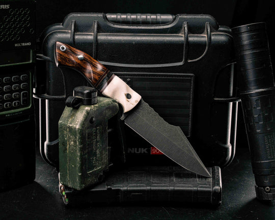 Widow Maker- Elk Antler, Coyote G10, Ruby G10 and Aluminum Pin Striping, American Flag Canvas Micarta Split, Desert Ironwood, Mosaic Pins, Aluminum Lanyard Pin, Textured Grip