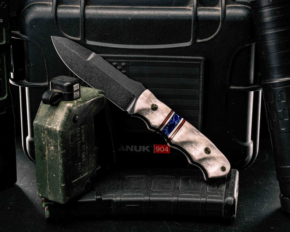 Disaster Jr Gen 3- Elk Antler, Black G10, Cherry G10, Brass and White G10 Pin Striping, Sodalite Tru-stone Split, Mosaic Pins, Textured Grip