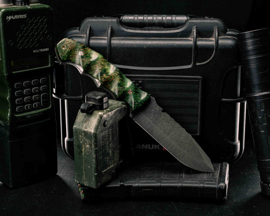Notched Disaster Breacher- Dyed Black Ash Burl, Mosaic Pins, Brass Lanyard Pin, Textured Grip