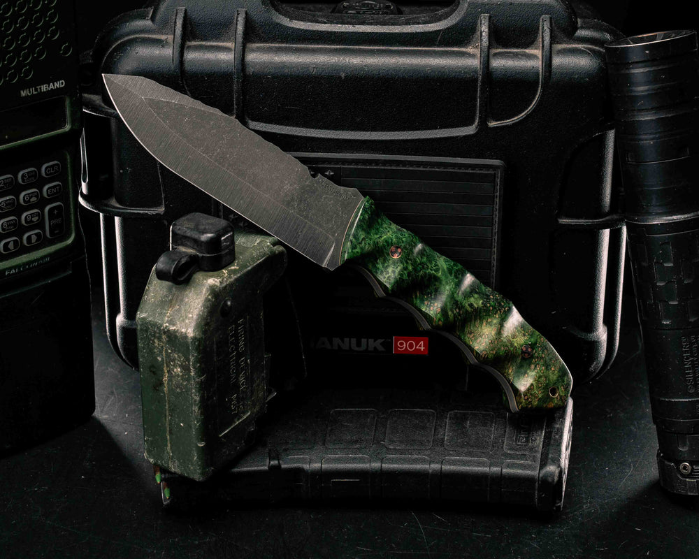 Notched Disaster Breacher- Dyed Black Ash Burl, Mosaic Pins, Brass Lanyard Pin, Textured Grip
